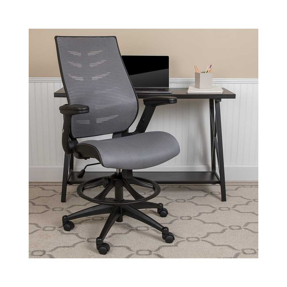 High Back Dark Gray Mesh Spine-Back Ergonomic Drafting Chair with Adjustable Foot Ring and Adjustable Flip-Up Arms