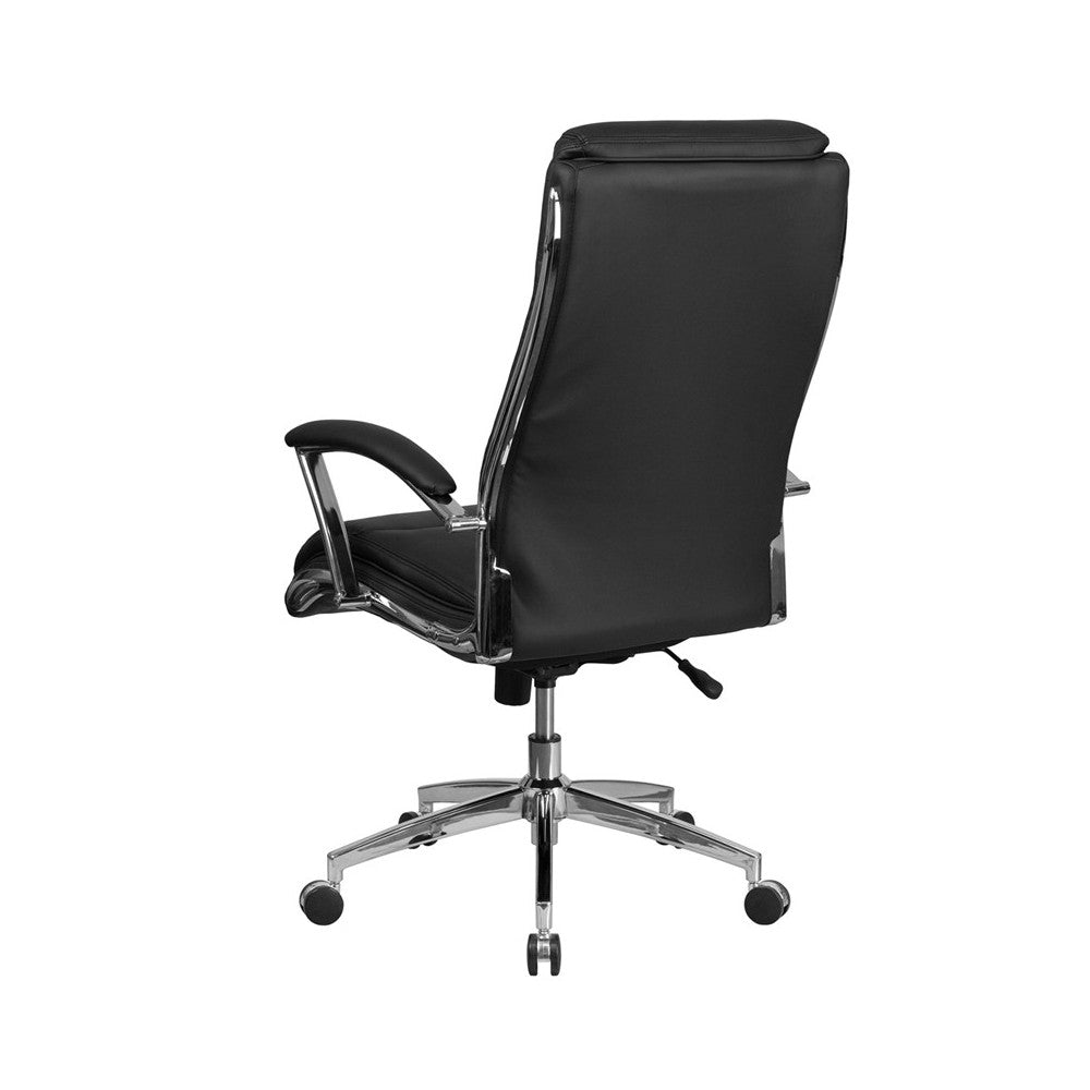 High Back Designer Black LeatherSoft Smooth Upholstered Executive Swivel Office Chair with Chrome Base and Arms