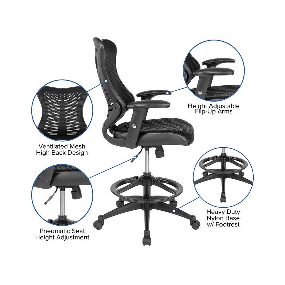 High Back Designer Black Mesh Drafting Chair with LeatherSoft Sides and Adjustable Arms