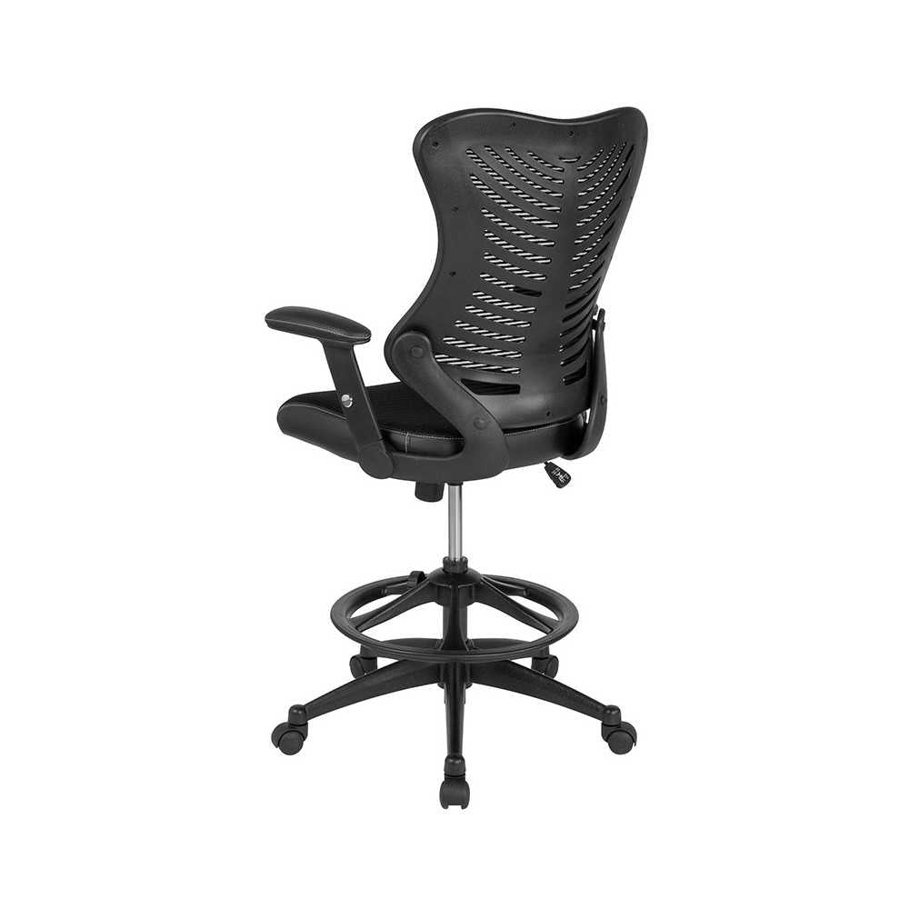 High Back Designer Black Mesh Drafting Chair with LeatherSoft Sides and Adjustable Arms