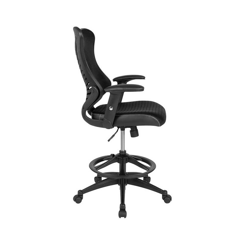High Back Designer Black Mesh Drafting Chair with LeatherSoft Sides and Adjustable Arms