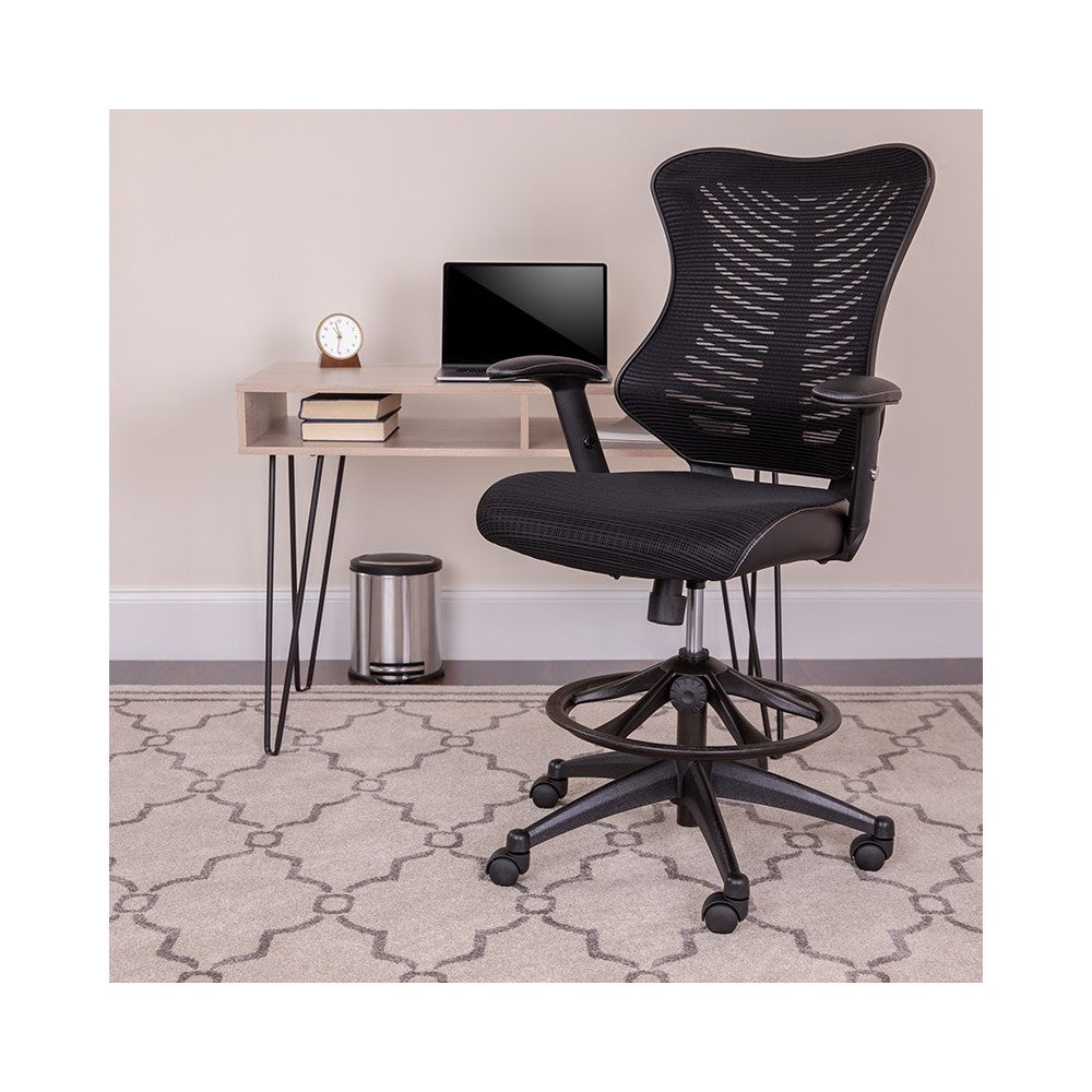High Back Designer Black Mesh Drafting Chair with LeatherSoft Sides and Adjustable Arms