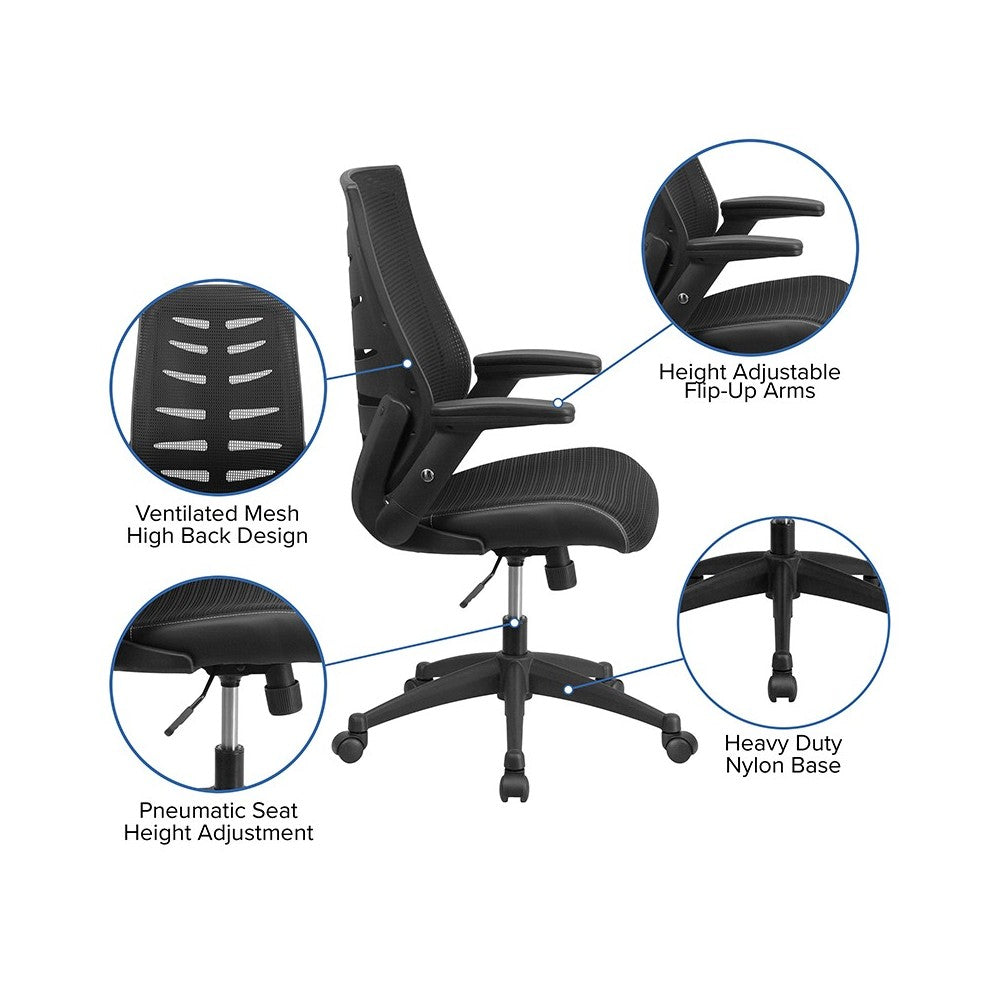 High Back Designer Black Mesh Executive Swivel Ergonomic Office Chair with Height Adjustable Flip-Up Arms