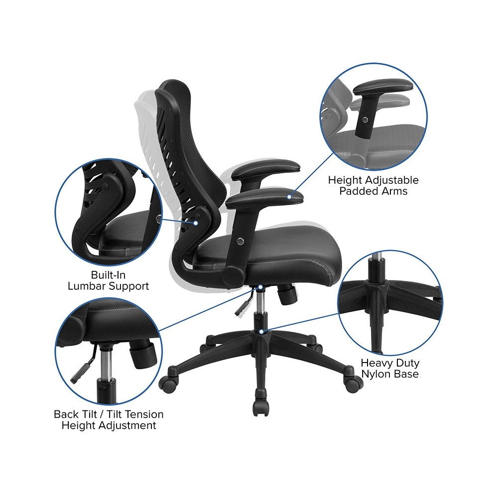 High Back Designer Black Mesh Executive Swivel Ergonomic Office Chair with LeatherSoft Seat and Adjustable Arms