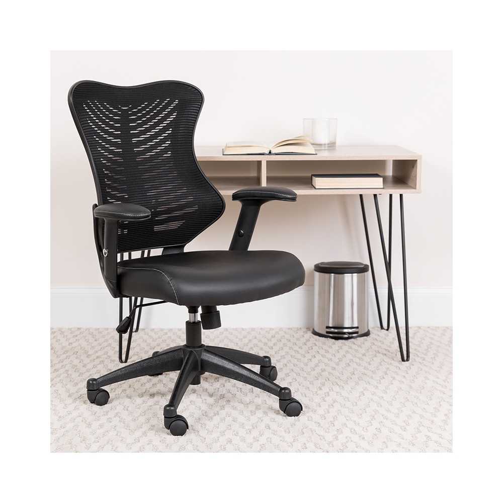 High Back Designer Black Mesh Executive Swivel Ergonomic Office Chair with LeatherSoft Seat and Adjustable Arms