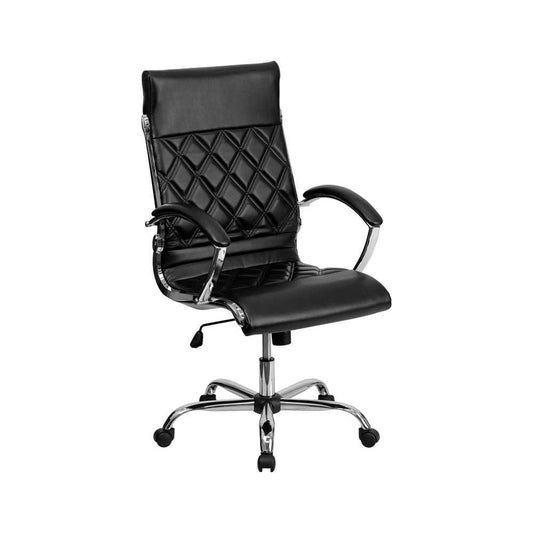 High Back Designer Quilted Black LeatherSoft Executive Swivel Office Chair with Chrome Base and Arms