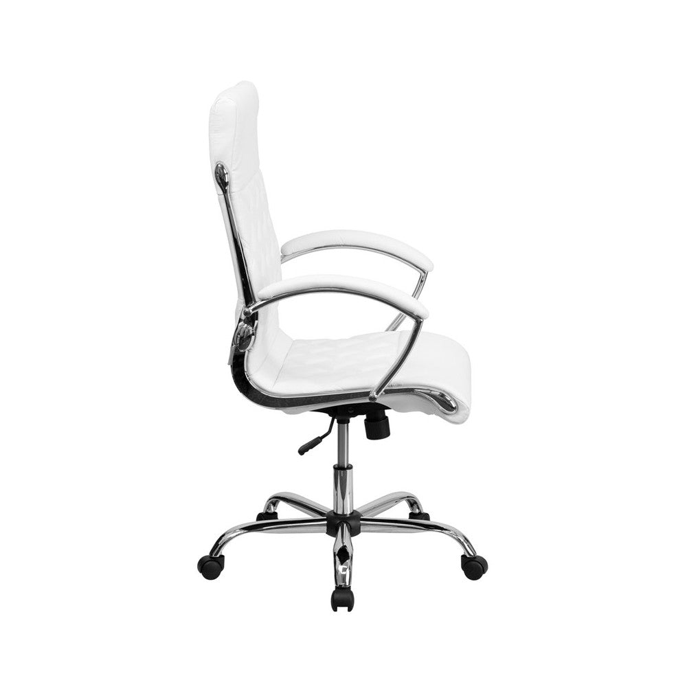 High Back Designer Quilted White LeatherSoft Executive Swivel Office Chair with Chrome Base and Arms