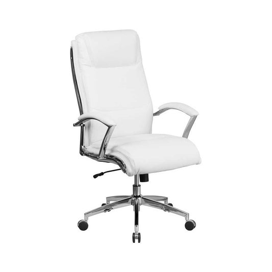 High Back Designer White LeatherSoft Smooth Upholstered Executive Swivel Office Chair with Chrome Base and Arms