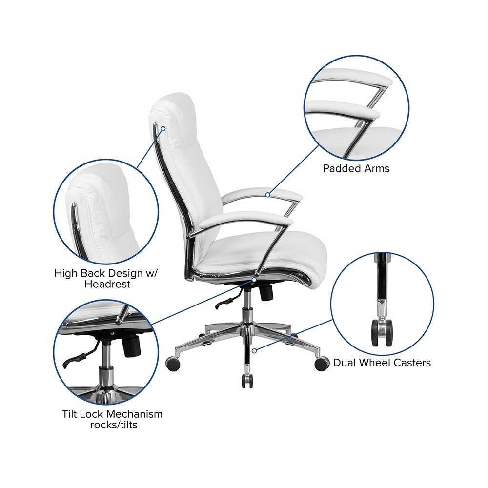 High Back Designer White LeatherSoft Smooth Upholstered Executive Swivel Office Chair with Chrome Base and Arms