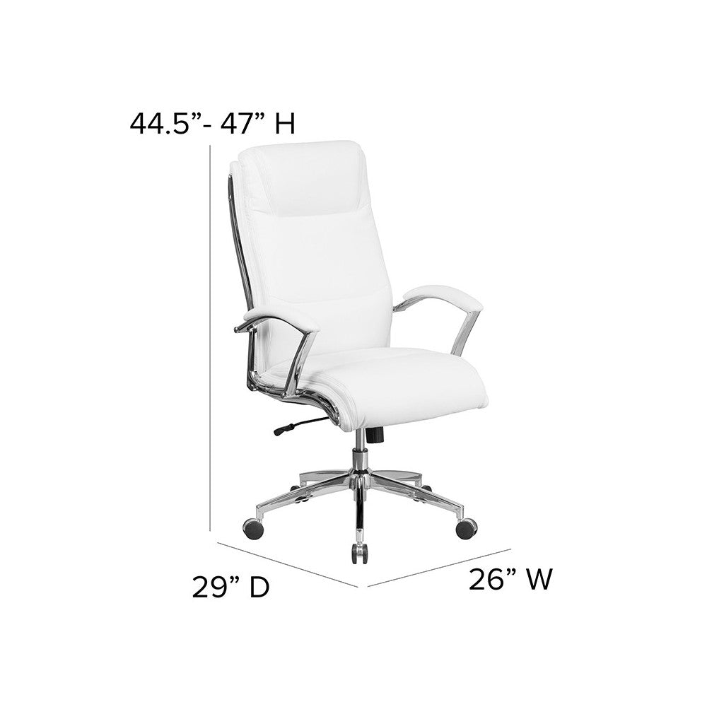 High Back Designer White LeatherSoft Smooth Upholstered Executive Swivel Office Chair with Chrome Base and Arms