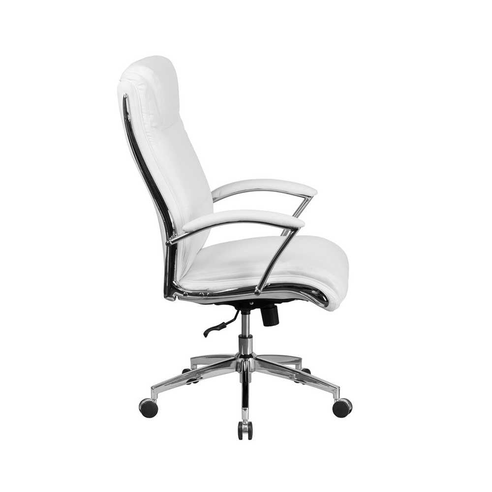 High Back Designer White LeatherSoft Smooth Upholstered Executive Swivel Office Chair with Chrome Base and Arms