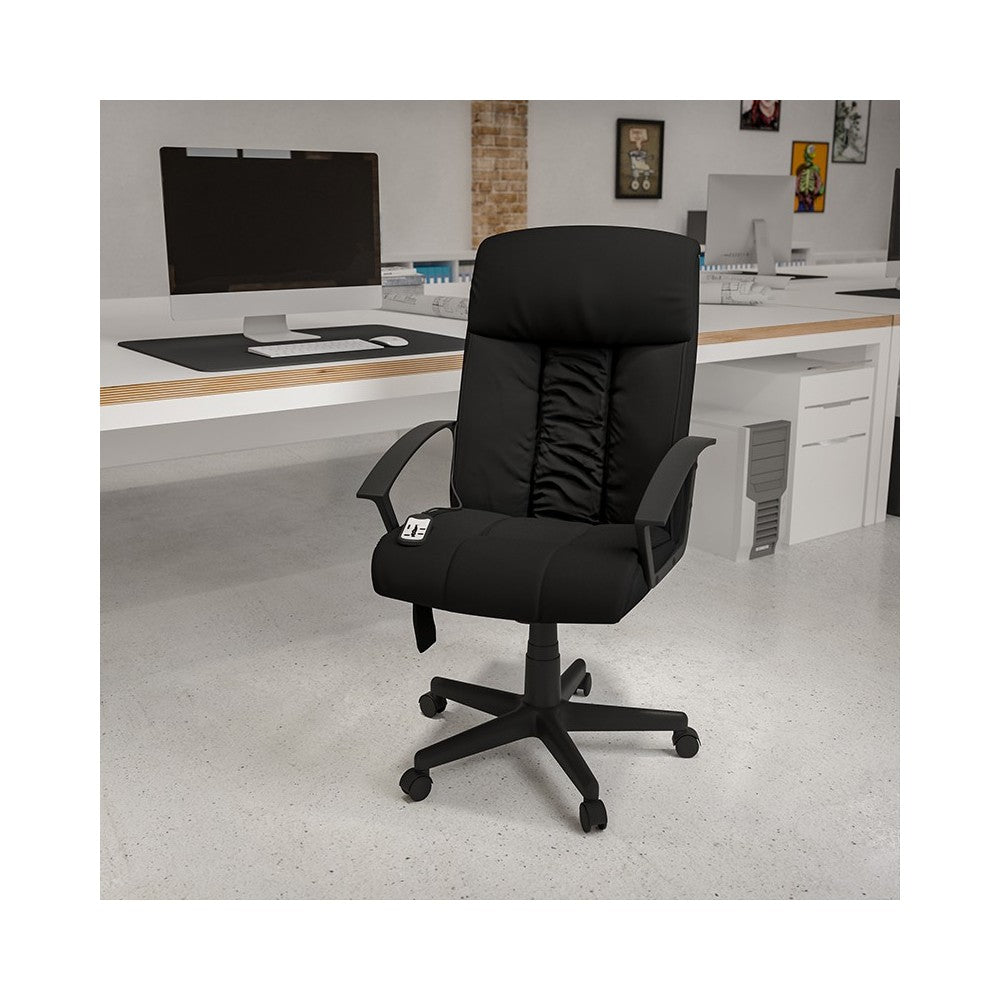 High Back Ergonomic Massaging Black LeatherSoft Executive Swivel Office Chair with Side Remote Pocket and Arms