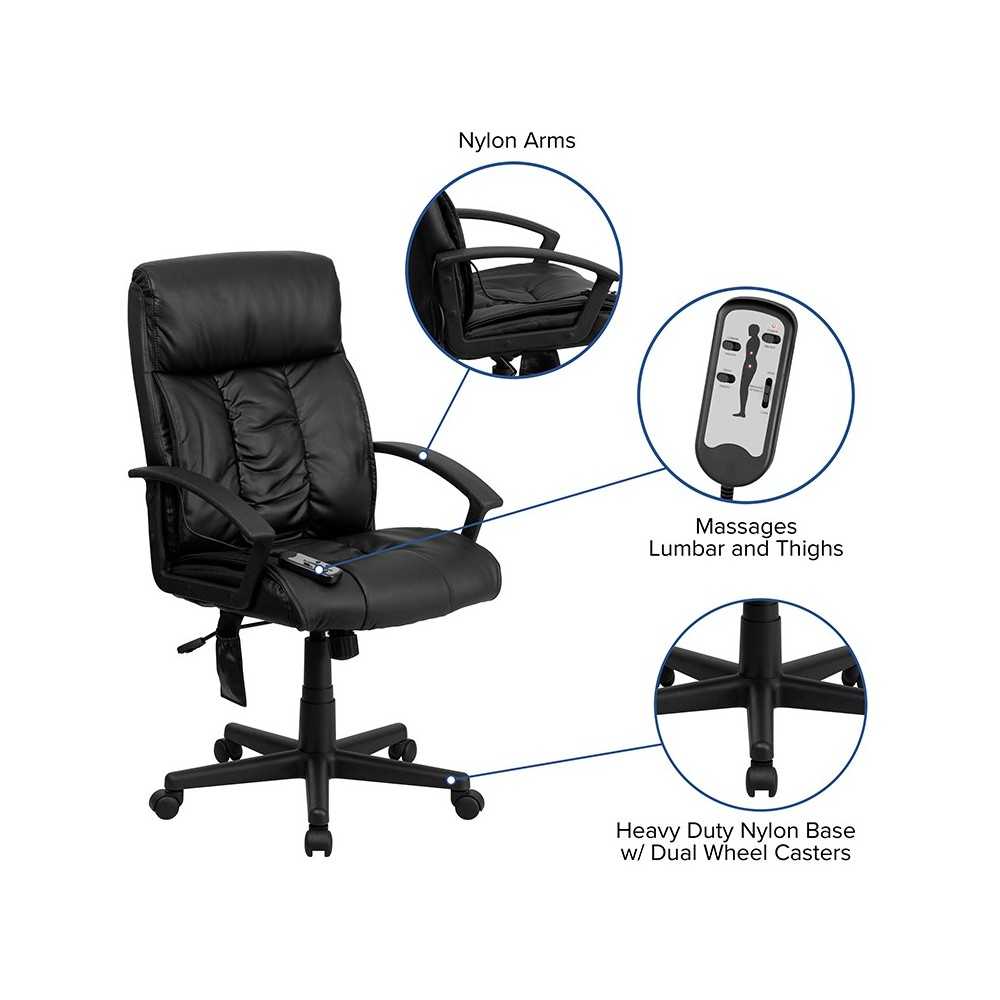 High Back Ergonomic Massaging Black LeatherSoft Executive Swivel Office Chair with Side Remote Pocket and Arms