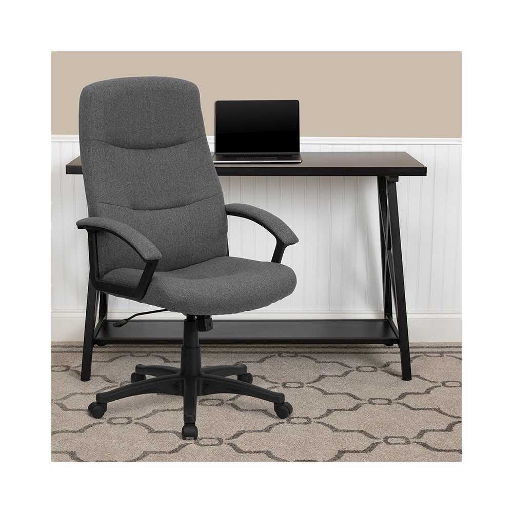High Back Gray Fabric Executive Swivel Office Chair with Two Line Horizontal Stitch Back and Arms
