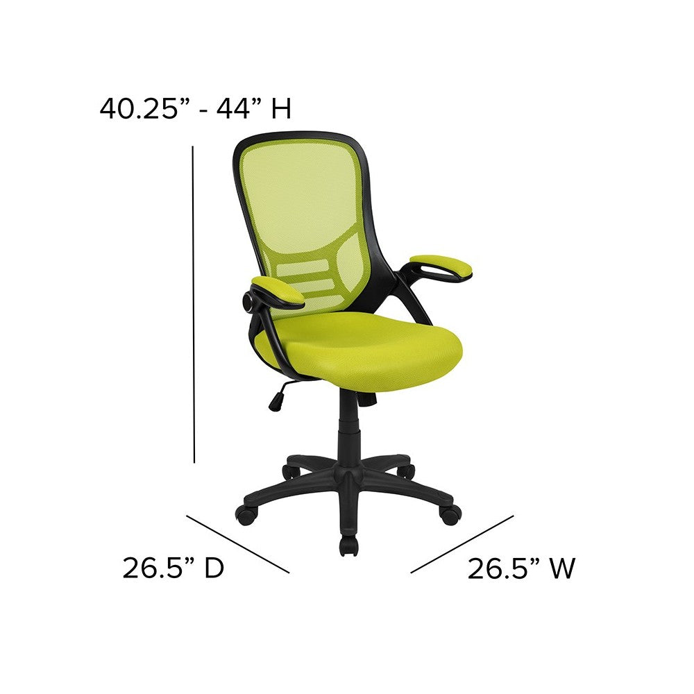 High Back Green Mesh Ergonomic Swivel Office Chair with Black Frame and Flip-up Arms