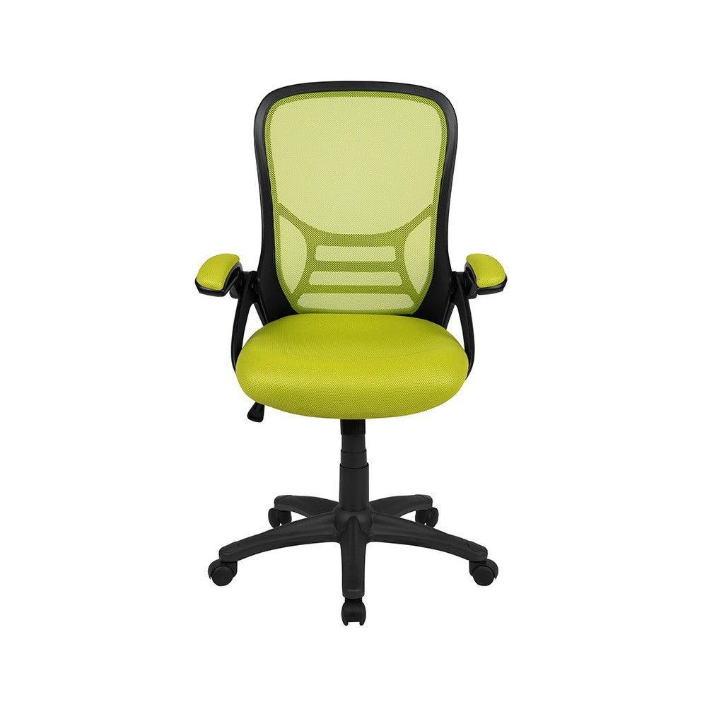 High Back Green Mesh Ergonomic Swivel Office Chair with Black Frame and Flip-up Arms