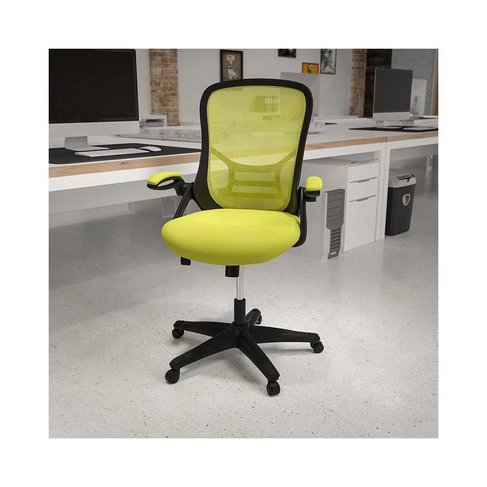 High Back Green Mesh Ergonomic Swivel Office Chair with Black Frame and Flip-up Arms