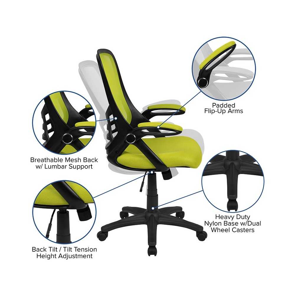 High Back Green Mesh Ergonomic Swivel Office Chair with Black Frame and Flip-up Arms