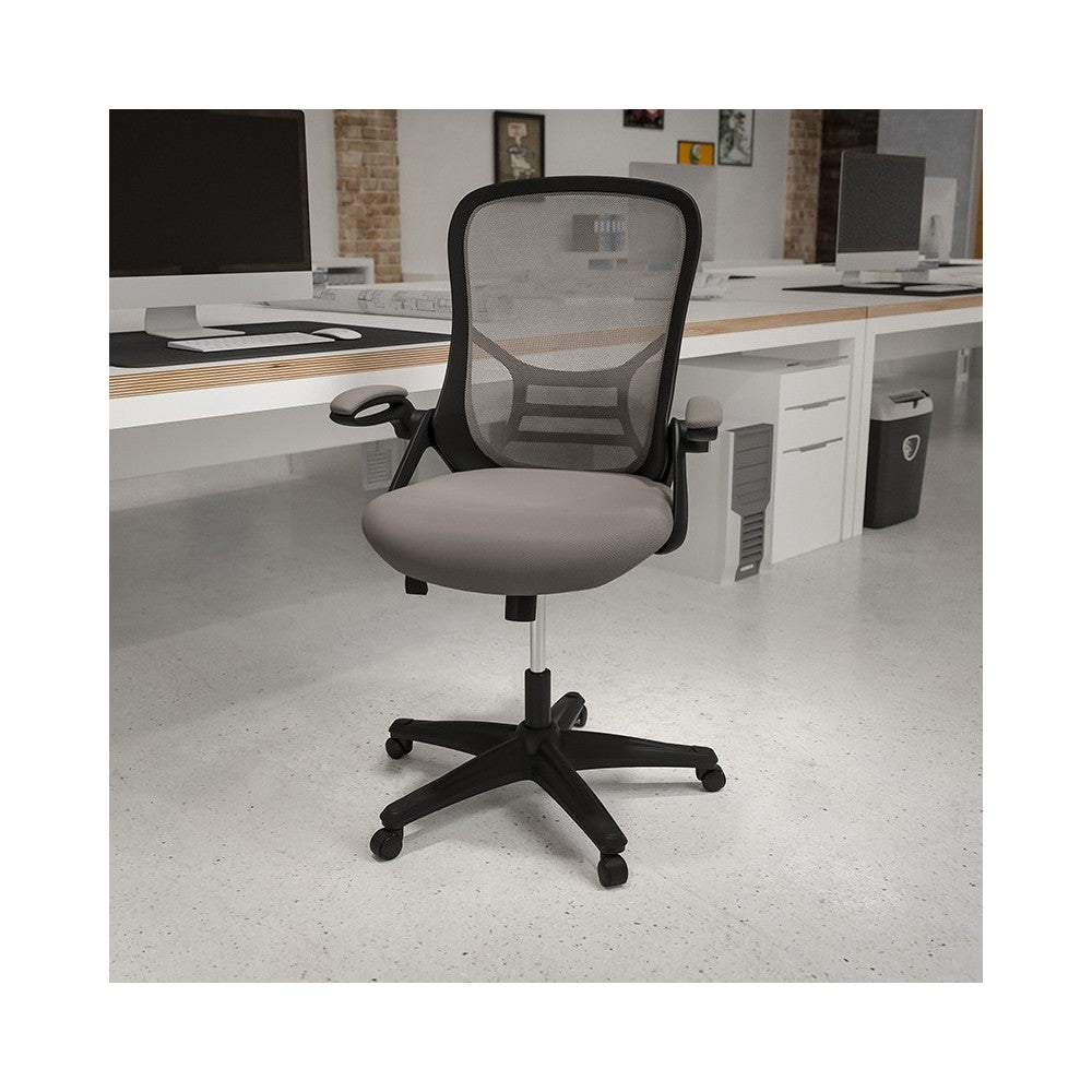 High Back Light Gray Mesh Ergonomic Swivel Office Chair with Black Frame and Flip-up Arms