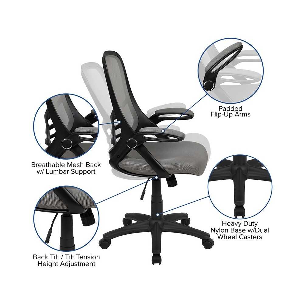 High Back Light Gray Mesh Ergonomic Swivel Office Chair with Black Frame and Flip-up Arms