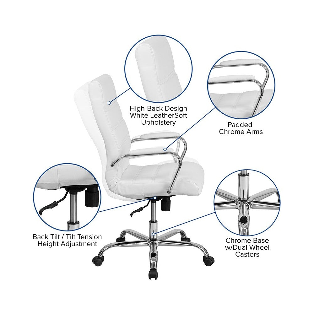 High Back Office Chair | White LeatherSoft Office Chair with Wheels and Arms