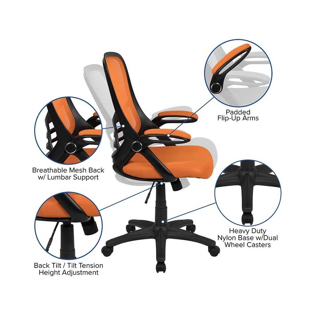 High Back Orange Mesh Ergonomic Swivel Office Chair with Black Frame and Flip-up Arms