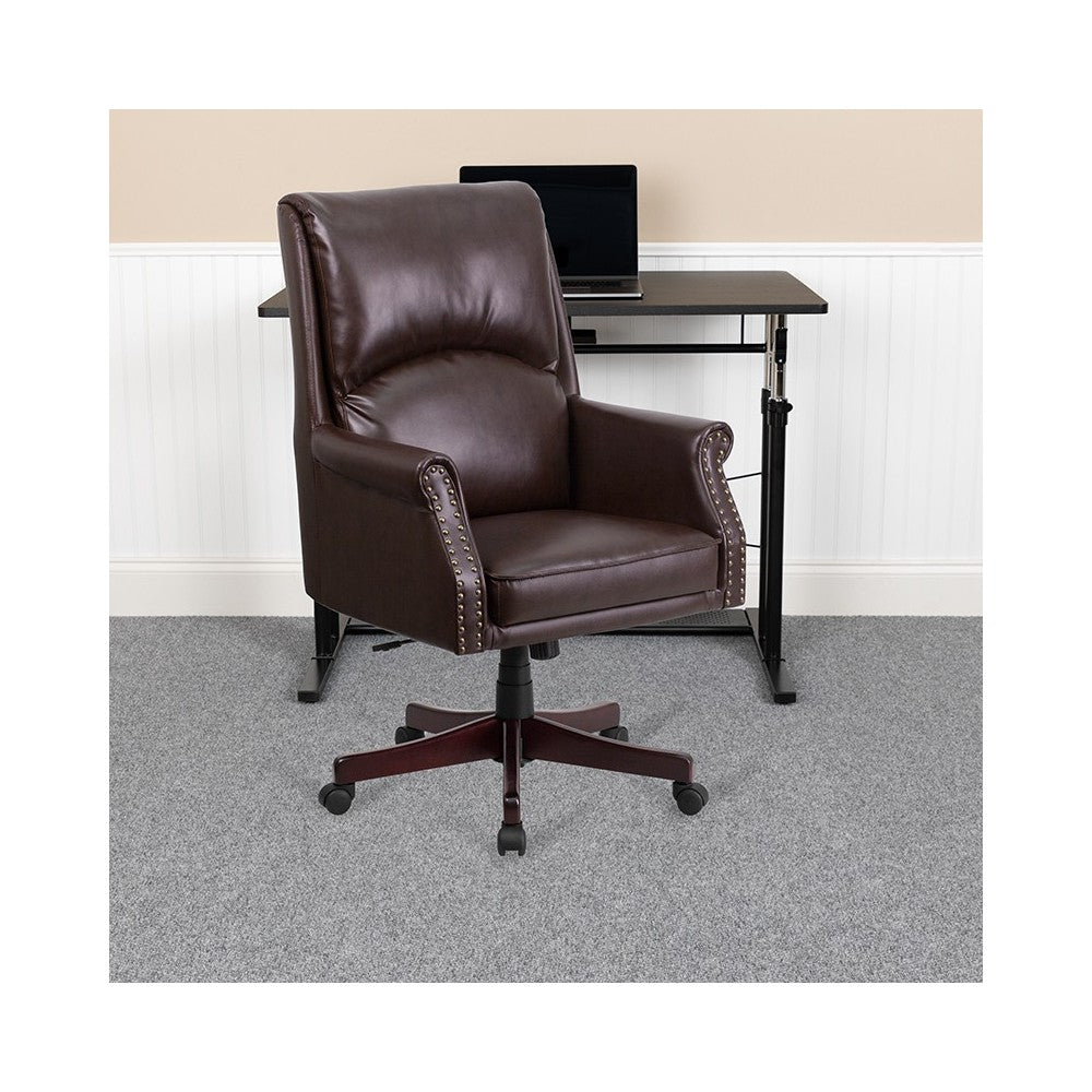 High Back Pillow Back Brown LeatherSoft Executive Swivel Office Chair with Arms