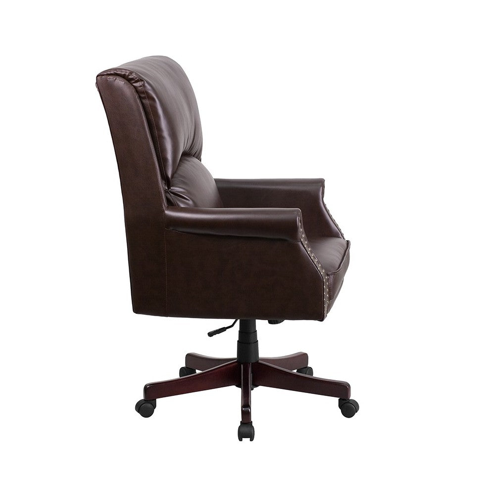 High Back Pillow Back Brown LeatherSoft Executive Swivel Office Chair with Arms
