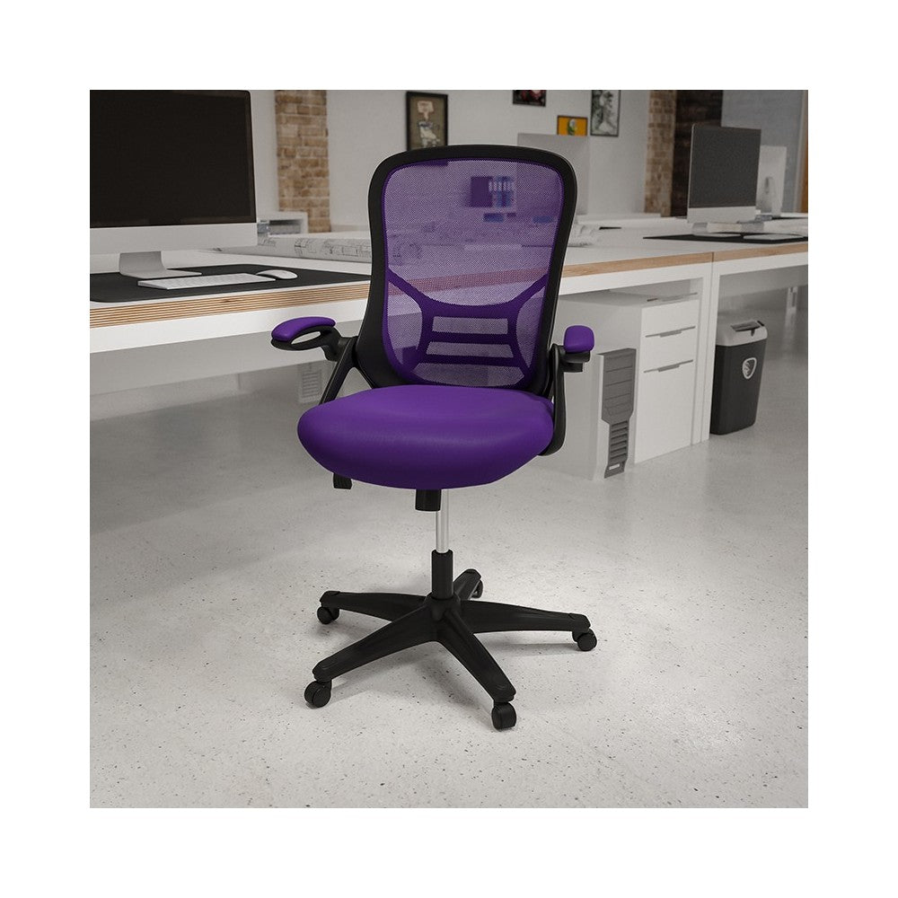 High Back Purple Mesh Ergonomic Swivel Office Chair with Black Frame and Flip-up Arms