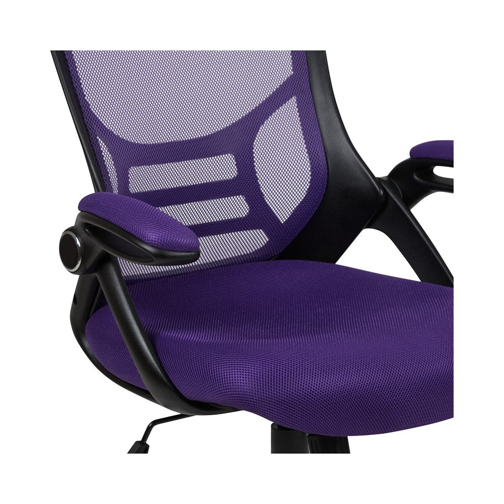 High Back Purple Mesh Ergonomic Swivel Office Chair with Black Frame and Flip-up Arms