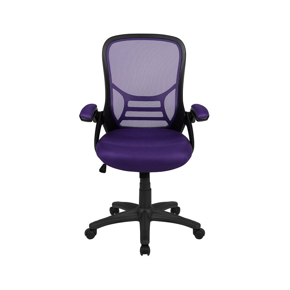 High Back Purple Mesh Ergonomic Swivel Office Chair with Black Frame and Flip-up Arms