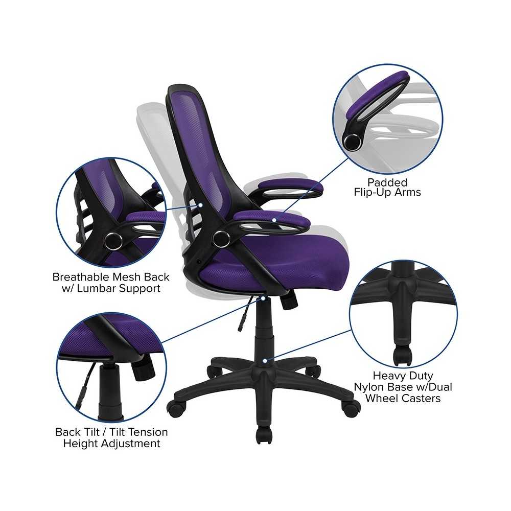 High Back Purple Mesh Ergonomic Swivel Office Chair with Black Frame and Flip-up Arms