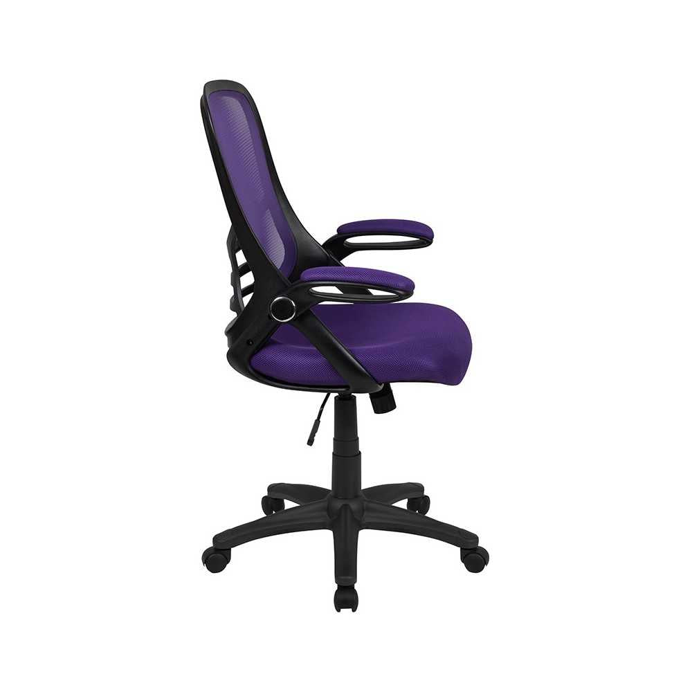 High Back Purple Mesh Ergonomic Swivel Office Chair with Black Frame and Flip-up Arms