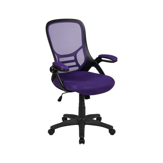 High Back Purple Mesh Ergonomic Swivel Office Chair with Black Frame and Flip-up Arms