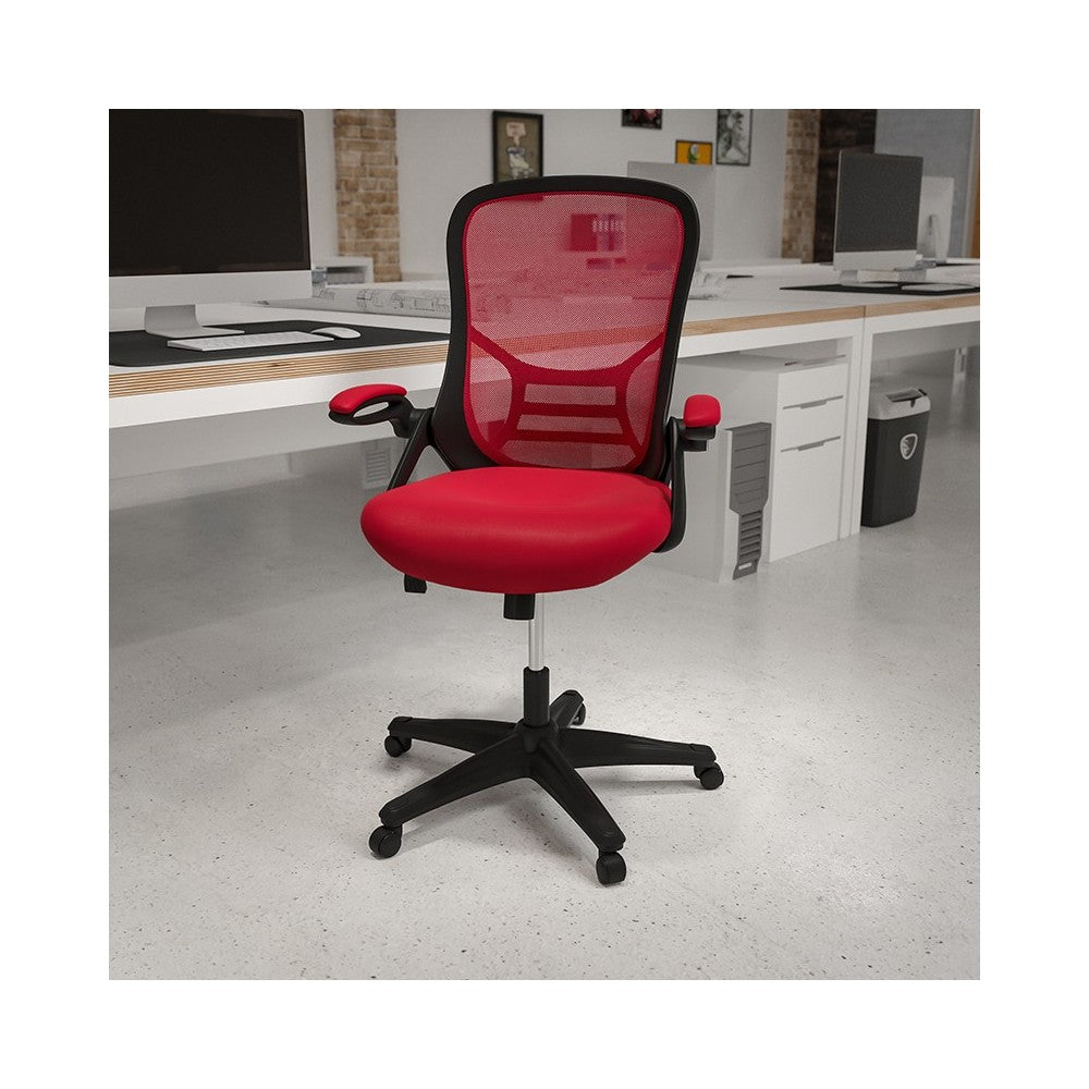 High Back Red Mesh Ergonomic Swivel Office Chair with Black Frame and Flip-up Arms