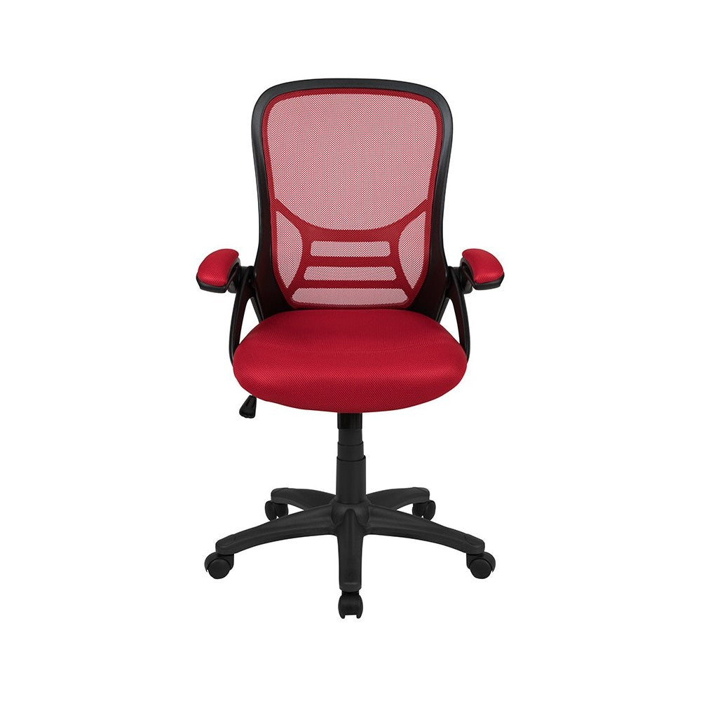 High Back Red Mesh Ergonomic Swivel Office Chair with Black Frame and Flip-up Arms