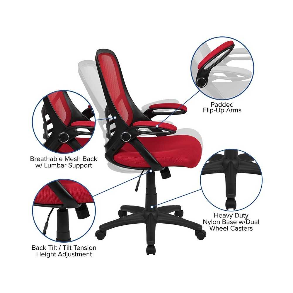 High Back Red Mesh Ergonomic Swivel Office Chair with Black Frame and Flip-up Arms