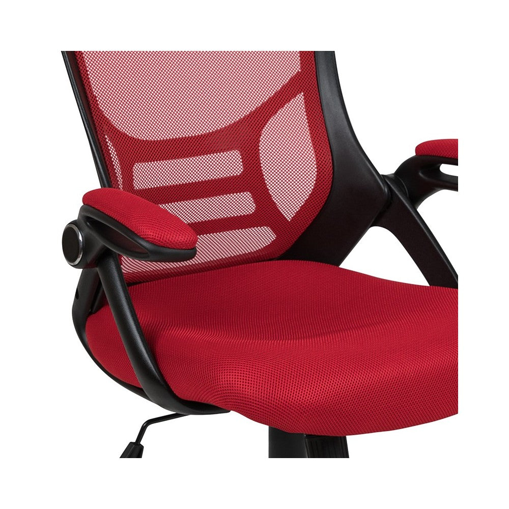 High Back Red Mesh Ergonomic Swivel Office Chair with Black Frame and Flip-up Arms