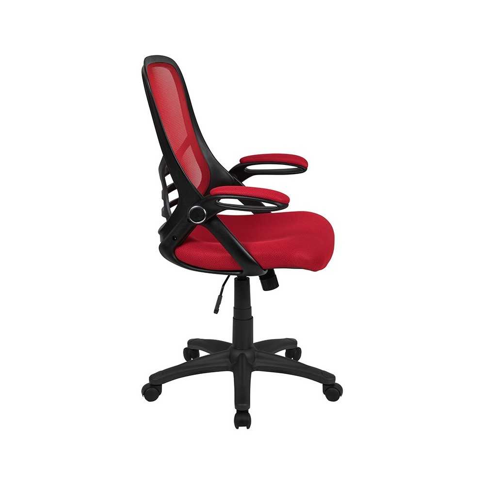 High Back Red Mesh Ergonomic Swivel Office Chair with Black Frame and Flip-up Arms