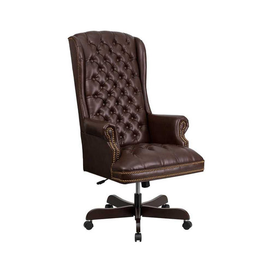High Back Traditional Fully Tufted Brown LeatherSoft Executive Swivel Ergonomic Office Chair with Arms