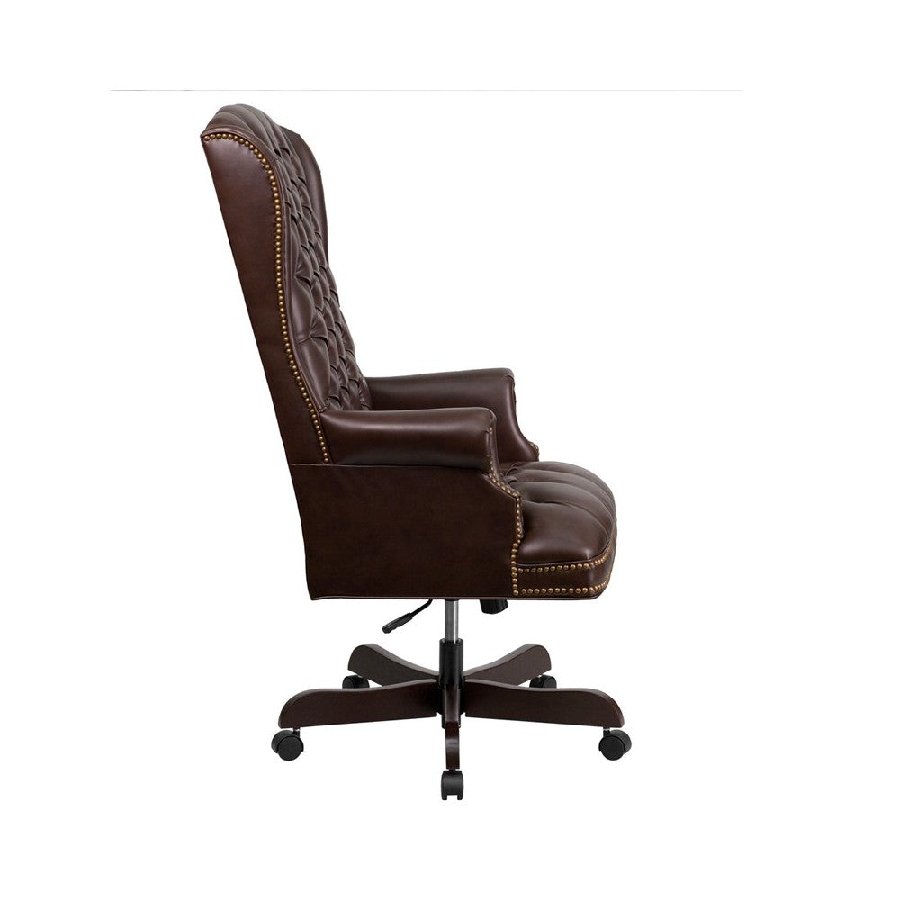 High Back Traditional Fully Tufted Brown LeatherSoft Executive Swivel Ergonomic Office Chair with Arms