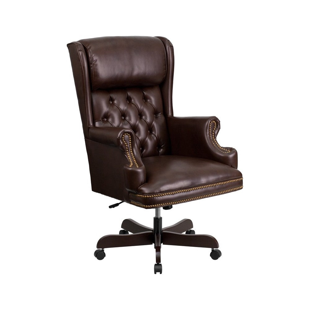 High Back Traditional Tufted Brown LeatherSoft Executive Ergonomic Office Chair with Oversized Headrest & Nail Trim Arms