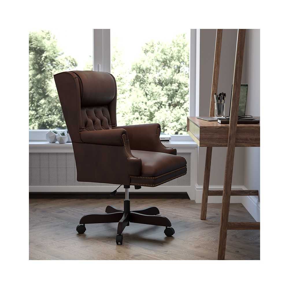 High Back Traditional Tufted Brown LeatherSoft Executive Ergonomic Office Chair with Oversized Headrest & Nail Trim Arms