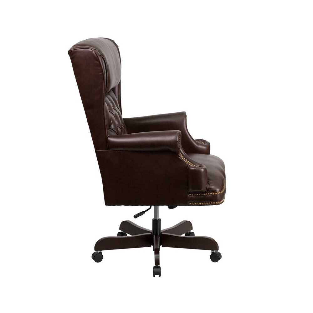 High Back Traditional Tufted Brown LeatherSoft Executive Ergonomic Office Chair with Oversized Headrest & Nail Trim Arms