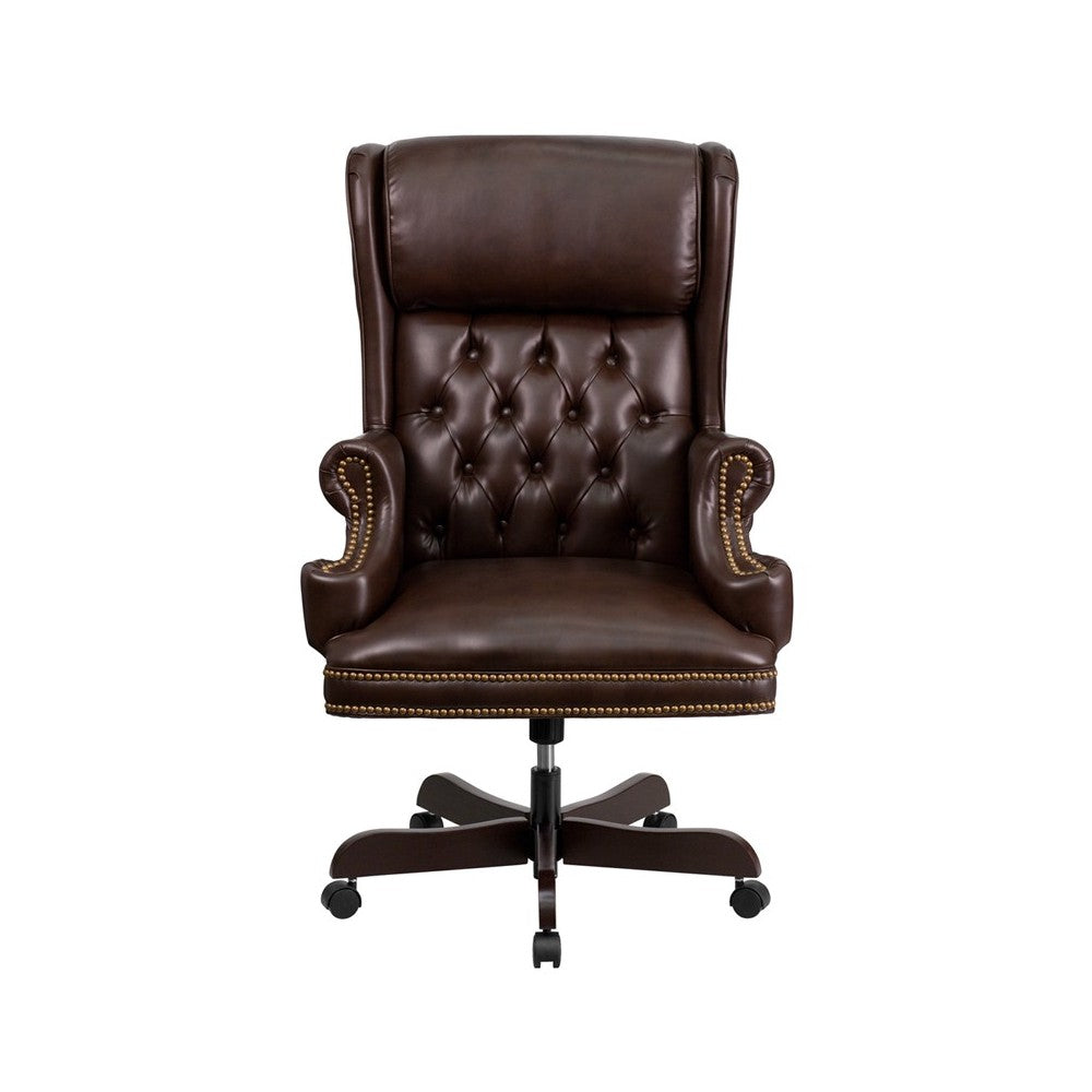 High Back Traditional Tufted Brown LeatherSoft Executive Ergonomic Office Chair with Oversized Headrest & Nail Trim Arms