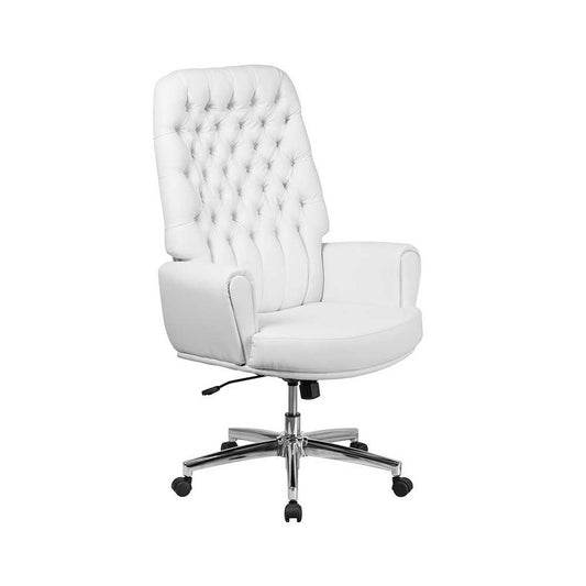 High Back Traditional Tufted White LeatherSoft Executive Swivel Office Chair with Arms