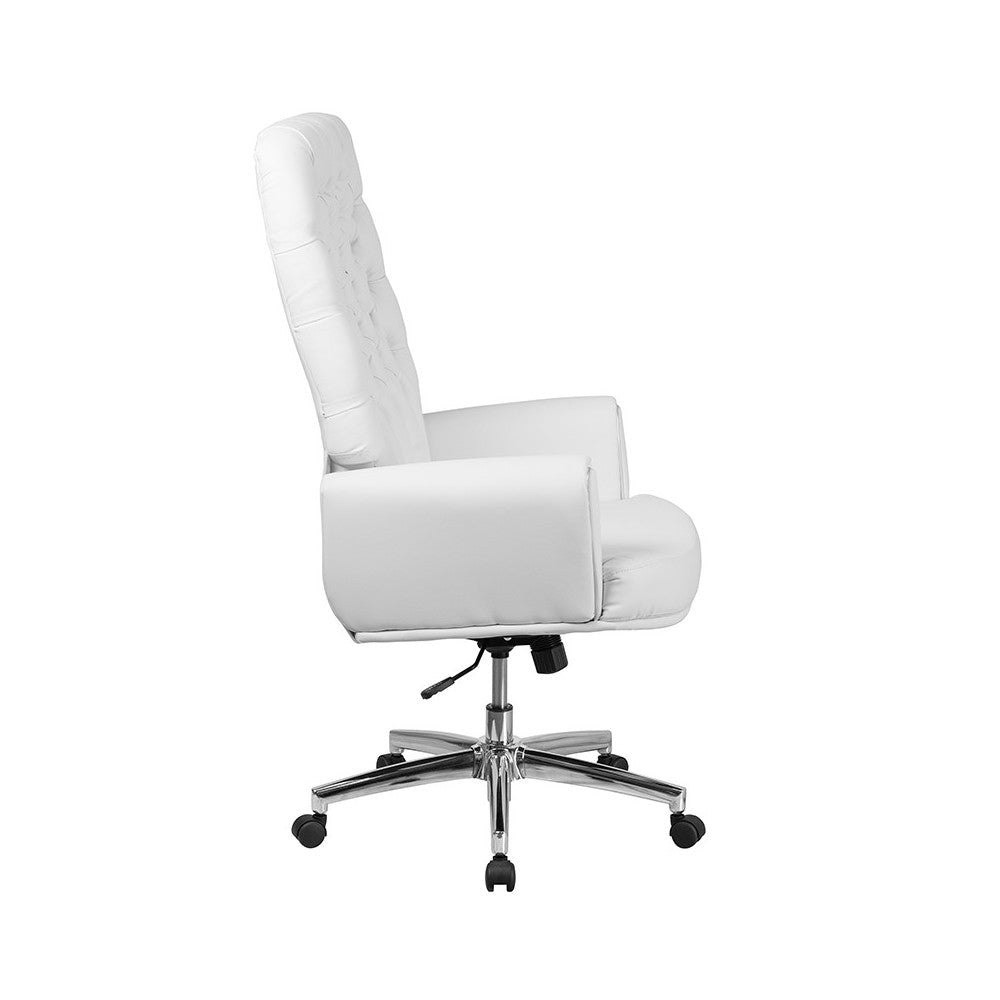 High Back Traditional Tufted White LeatherSoft Executive Swivel Office Chair with Arms