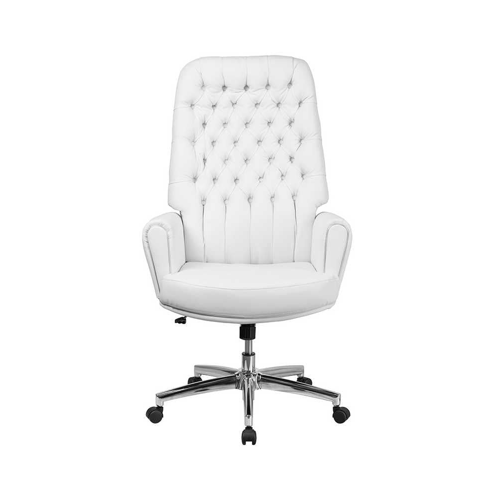 High Back Traditional Tufted White LeatherSoft Executive Swivel Office Chair with Arms