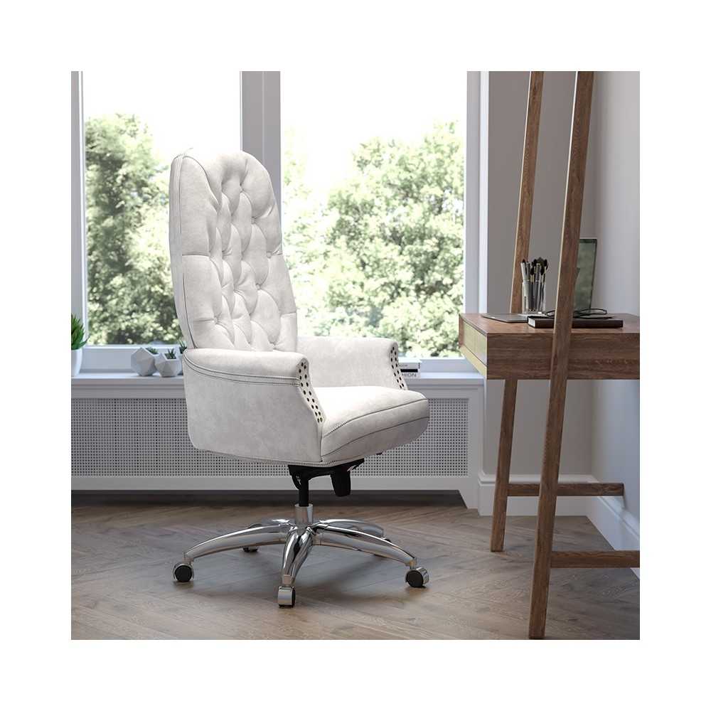 High Back Traditional Tufted White LeatherSoft Multifunction Executive Swivel Ergonomic Office Chair with Arms