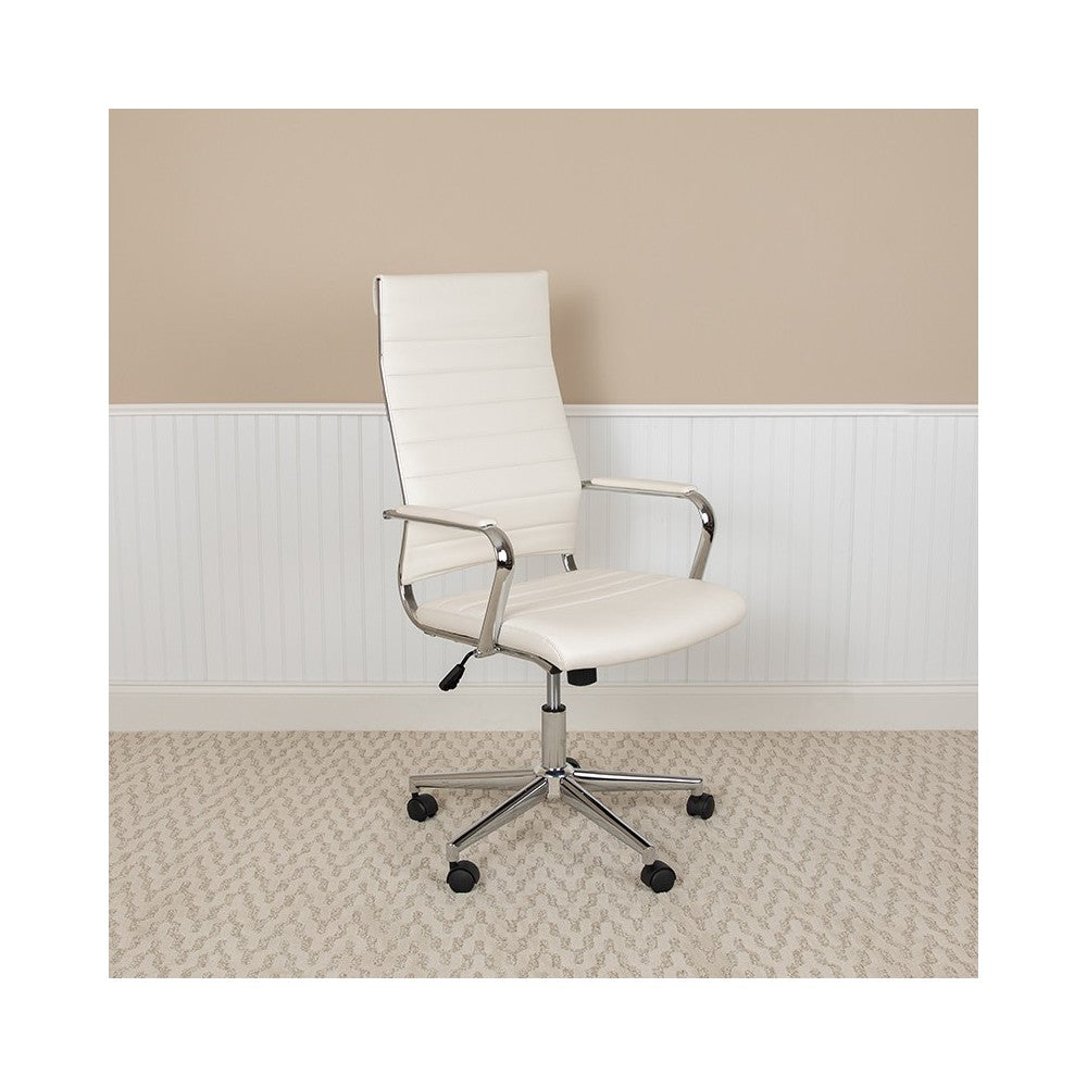 High Back White LeatherSoft Contemporary Ribbed Executive Swivel Office Chair